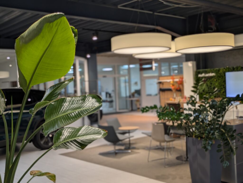 Moderner Autohaus-Innenbereich mit Pflanzen, Sitzgelegenheiten und stilvoller Beleuchtung.